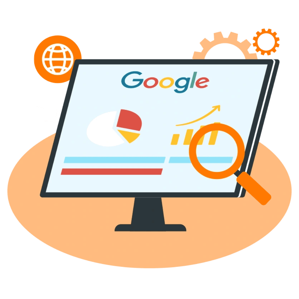 Google Ads partner illustration showing search analytics, performance growth, and campaign optimization