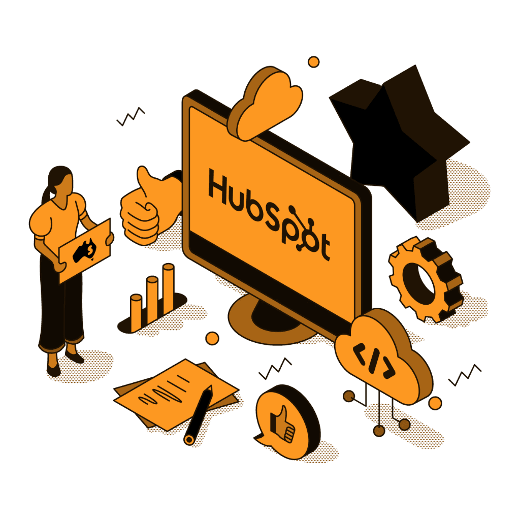 HubSpot partner illustration showing CRM implementation, marketing automation, and business growth