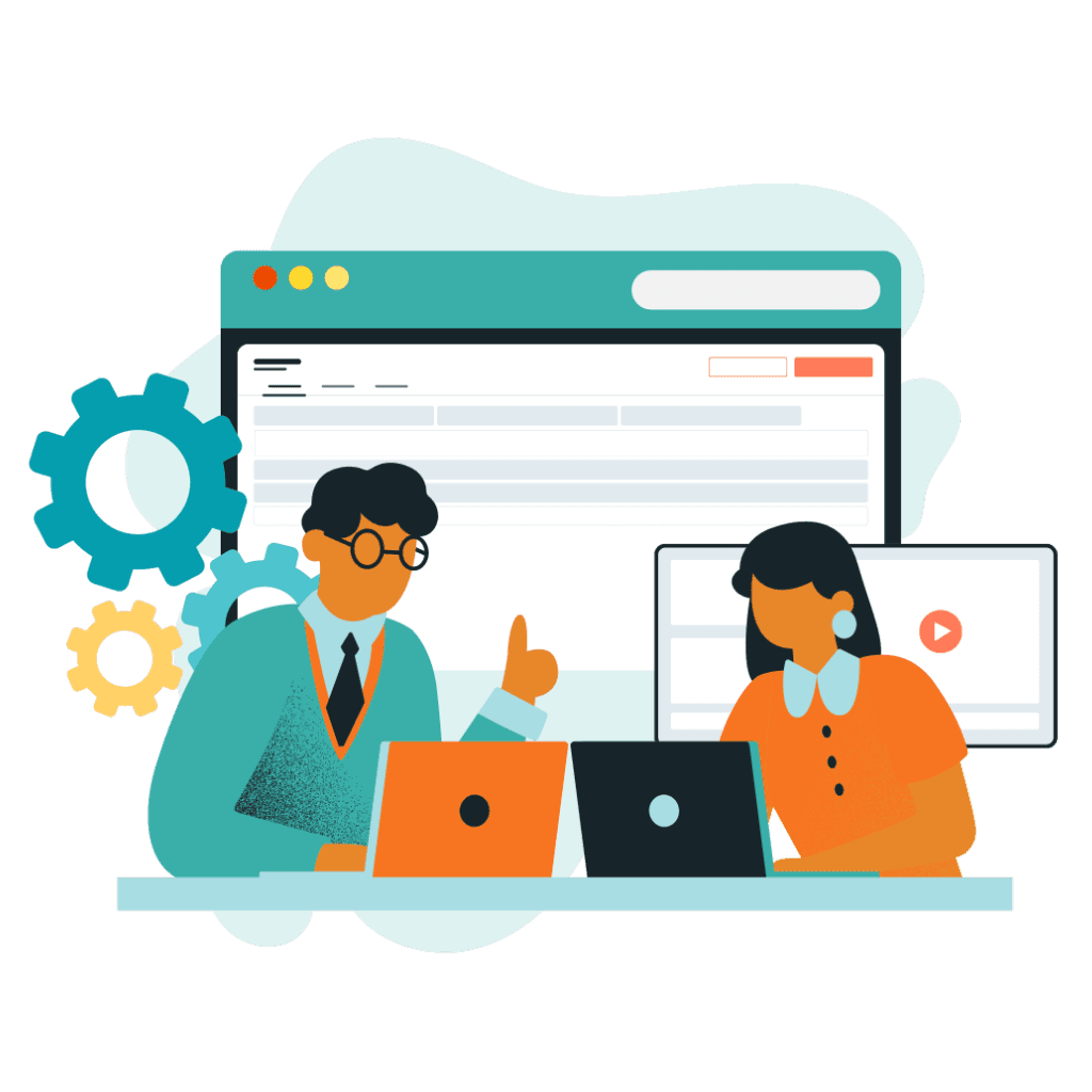HubSpot partner illustration showing team collaboration, CRM workflows, and marketing automation