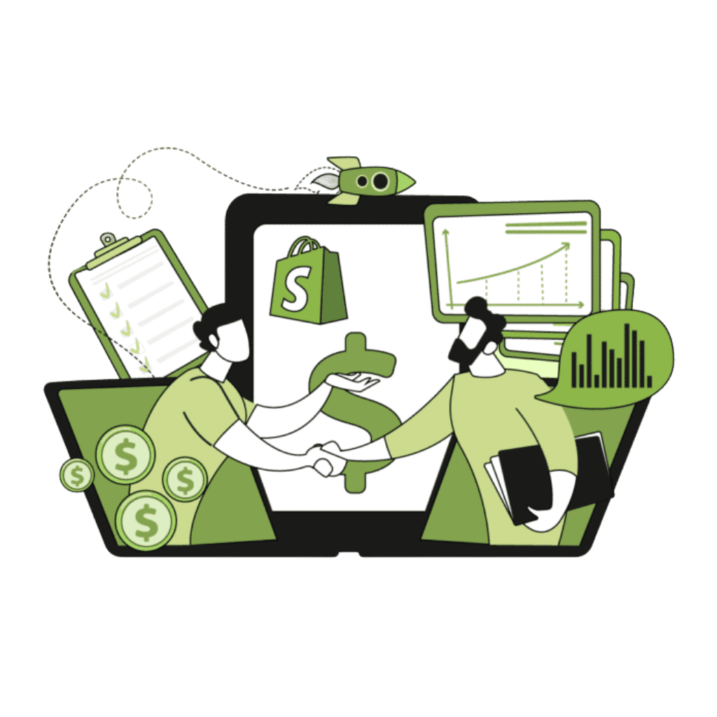 Shopify partner illustration showing e-commerce growth, partnership, and storefront development