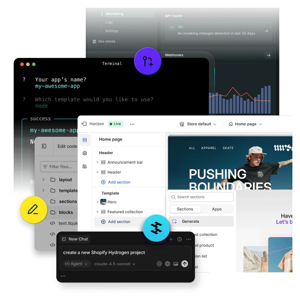 Shopify development illustration showing Hydrogen storefronts, theme editing, and end-to-end e-commerce builds