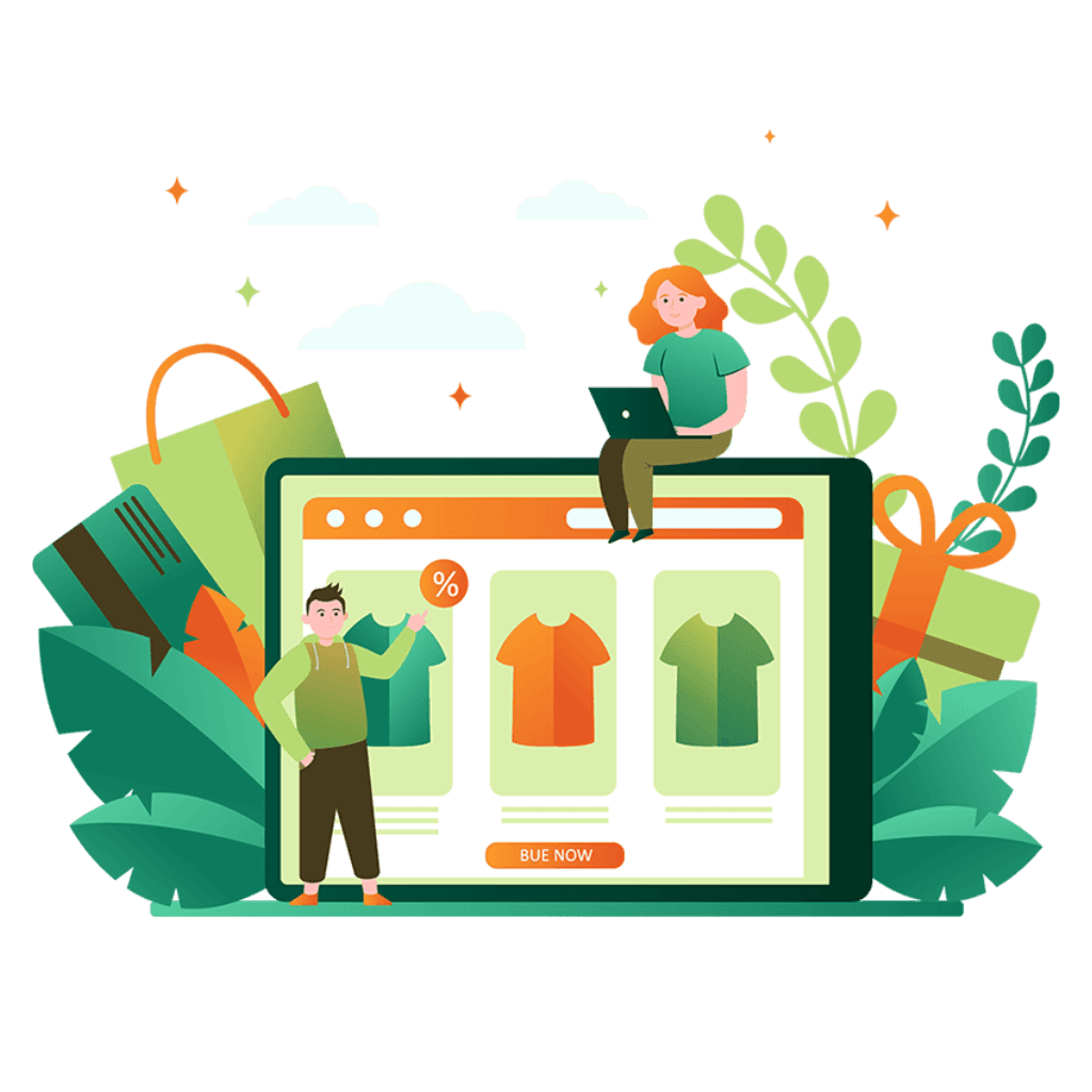 Shopify partner illustration showing online store development, product merchandising, and e-commerce collaboration