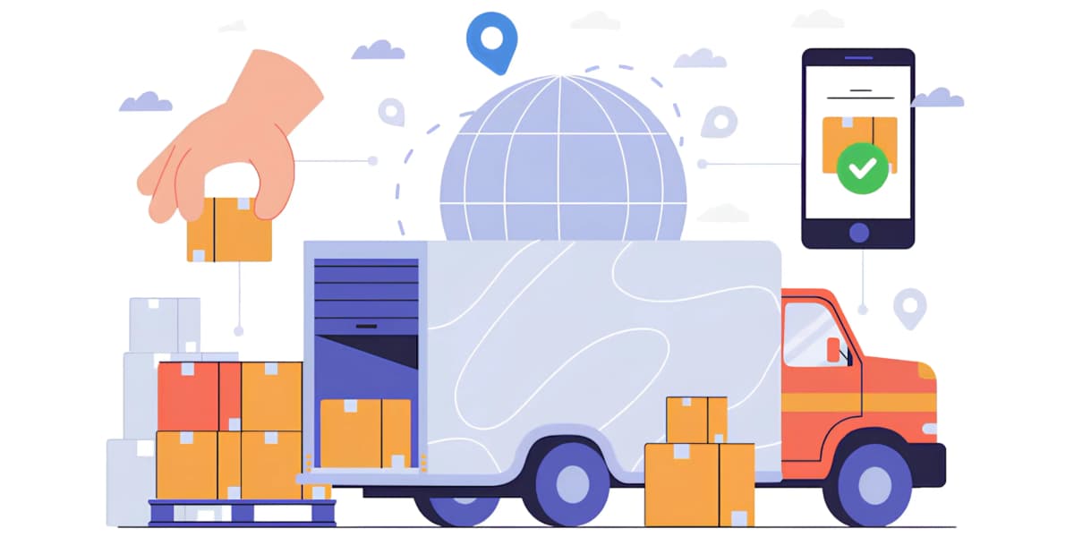 Shipping automation with delivery truck, packages, and global tracking