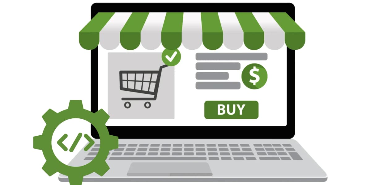Shopify e-commerce development with code and storefront illustration