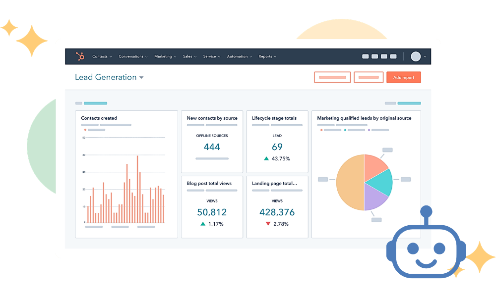 Illustration of a HubSpot lead generation dashboard with contacts, lifecycle stages, and marketing metrics