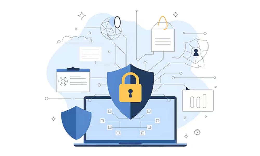 Illustration of a laptop protected by a shield and padlock with connected commerce data security icons