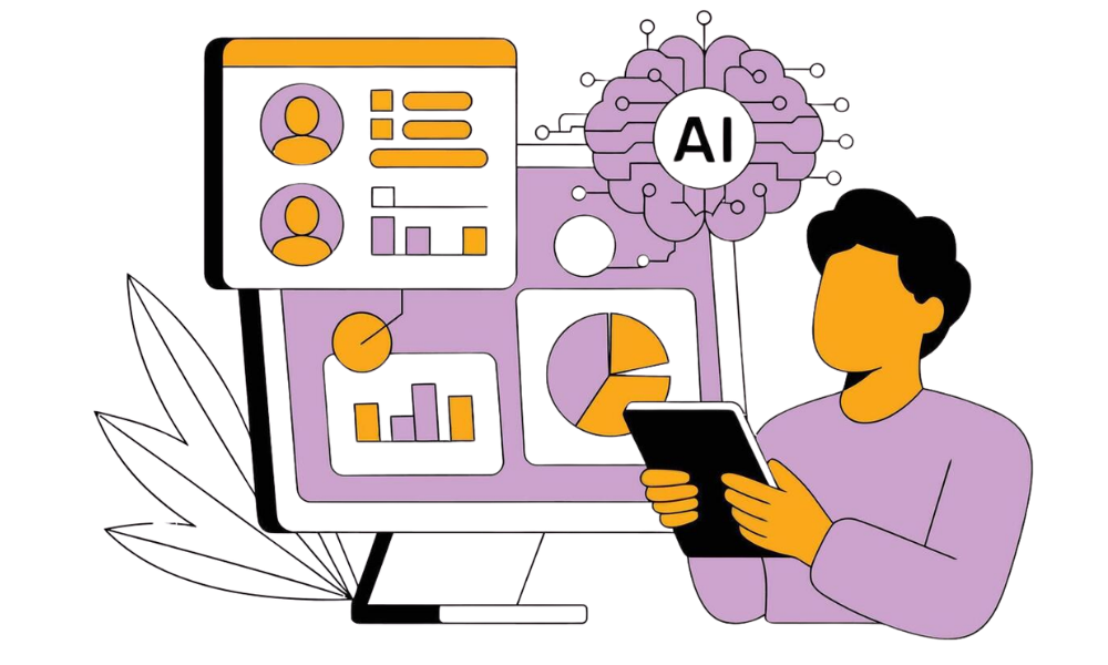 Illustration of a person analyzing dashboards, charts, and AI-powered data insights on screen
