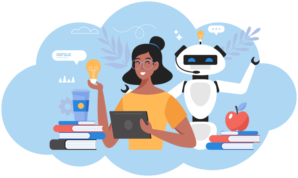 Illustration of a person and AI robot collaborating with books and lightbulbs representing AI in education