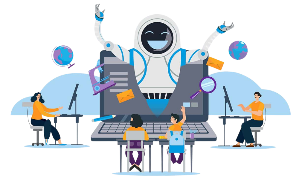 Illustration of students and professionals learning with an AI assistant emerging from a laptop