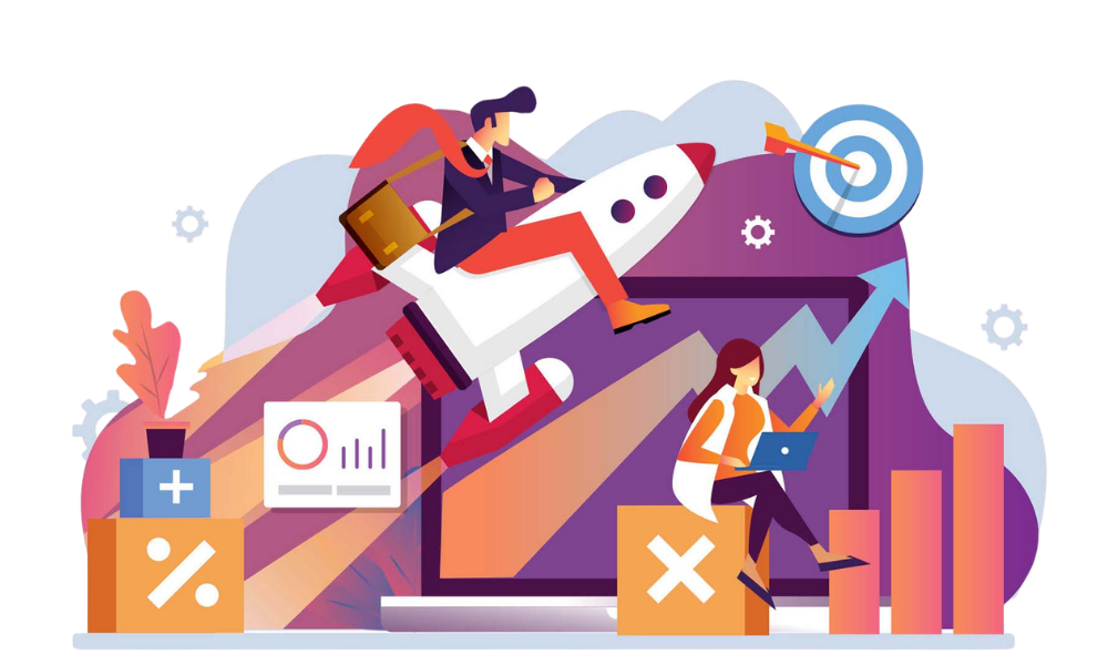 Illustration of ecommerce growth with shopping icons, charts, and analytics for AI marketing