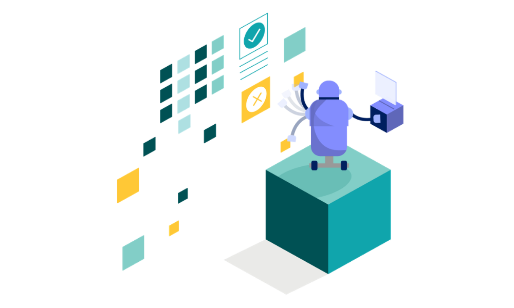 Illustration of a multi-armed AI robot orchestrating automated commerce workflows and data tasks