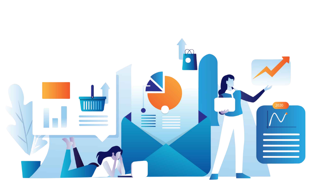 Illustration of business growth with charts, targets, and a rocket symbolizing AI-powered sales acceleration